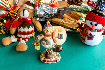 Christmas ornaments and gifts on red and green background