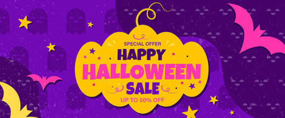 Banner, illustration of happy halloween sale, bats, pumpkin Paper Cut Out. Children's holiday. Yellow-orange-blue. Discount, special offer.