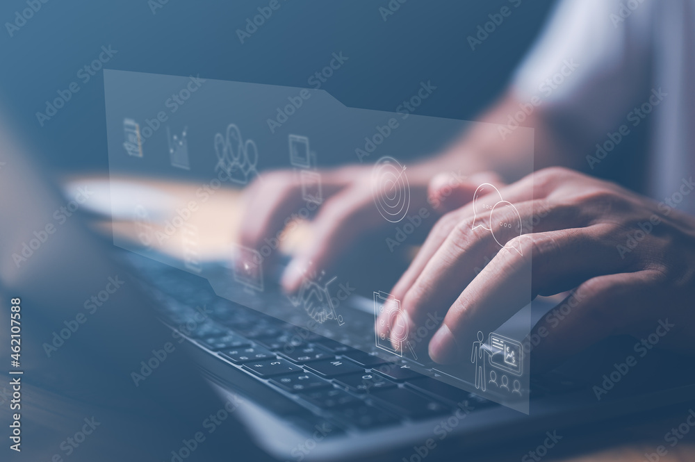 Poster Businessman using computer Notebook. Business global internet connection application technology and digital marketing, Financial and banking, Digital link tech, big data.