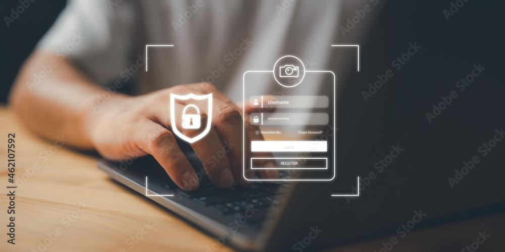Aufkleber cyber security concept, Login, User, identification information security and encryption, secure access to user's personal information, secure Internet access, cybersecurity.