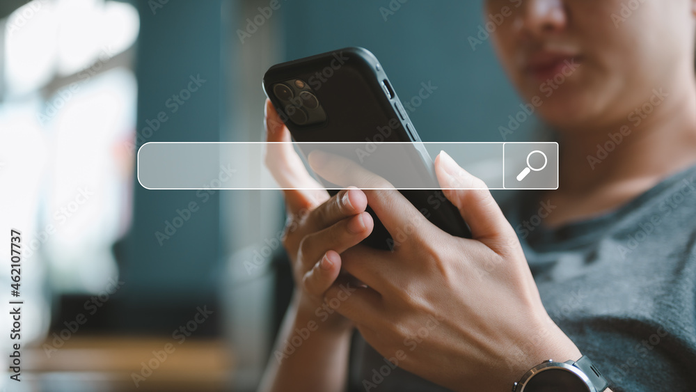 Poster Data Search Technology, Search Engine Optimization, Searching information data on internet networking concept, Women use smartphones to search and find what they are interested in.
