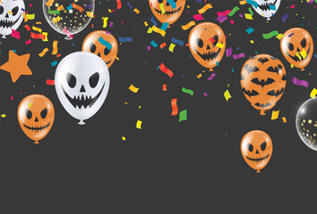 Obraz premium Happy Halloween banner trick party balloons, ghost, bats, Party invitation background Vector illustration