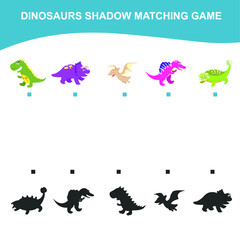 Shadow Matching game for Preschool Children. Dinosaurs Edition. Educational activity for preschool kids. Vector illustration. 