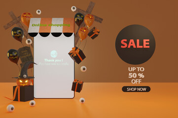 3d illustration. Halloween sale promotion banner with a discount offer give voucher, banner, poster or background, paper art and craft style, online shopping concept.