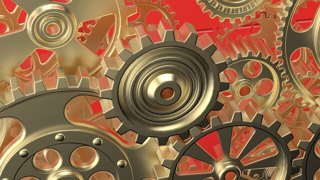 Mechanism gold metallic gears and cogs at work on red plate under spot light background. Industrial machinery. 3D illustration. 3D high quality rendering. 3D CG.