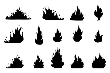 Fire silhouette icons. Warning icon. Campfire flame. Abstract design. Isolated element. Vector illustration. Stock image. 