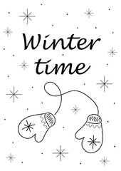 Winter simple illustration with a black line. Greeting cards happy New Year, Merry Christmas.