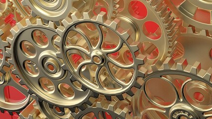 Mechanism gold metallic gears and cogs at work on red plate under spot light background. Industrial machinery. 3D illustration. 3D high quality rendering. 3D CG.