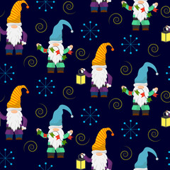 Gnomes with a flashlight and flags. Christmas pattern on a blue background. Vector illustration. For use in prints, covers and flyers, baby products, packaging.