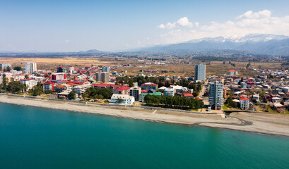 Fototapeta na wymiar Aerial view of Kobuleti famous resort in Georgia with beach on Black Sea