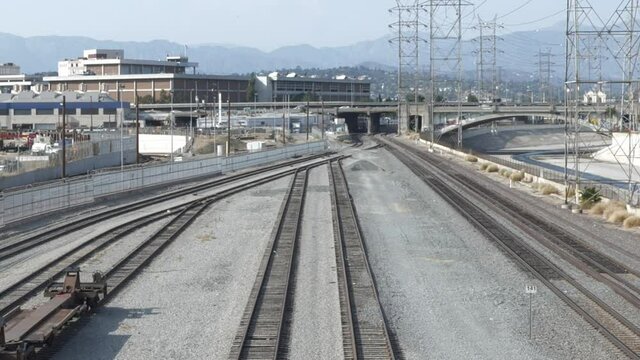 Twin tracks running through the railroad yard in downtown Los Angeles
