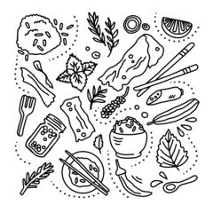 Food doodles hand drawn outline on white background.