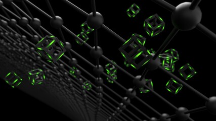 Green illuminated Hot Iron Black Cube with Atom Plane Structure under Black Background. Block-chain network technology concept illustration. 3D illustration. 3D CG. 3D high quality rendering. 