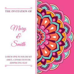 Wedding invitation template with colorful mandala 
