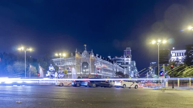 Night Time Lapse in Madrid Busy Castellana with the Cibeles in the Background