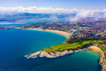 Panoramic aerial view of coast line and beach at Santander with apartment buildings, Cantabria, Spain