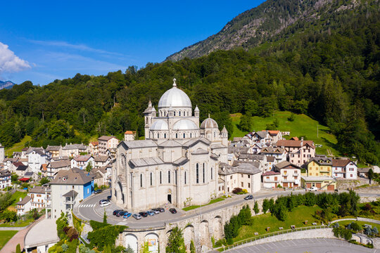 Aerial view of the Cristo Re Church in Messina at sunny day, Italy