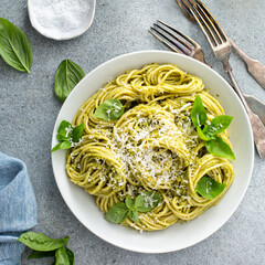 Basil pesto pasta with parmesan and olive oil