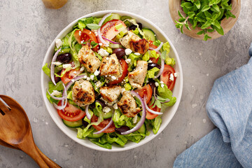 Fresh vegetables and feta greek salad with homemade dressing