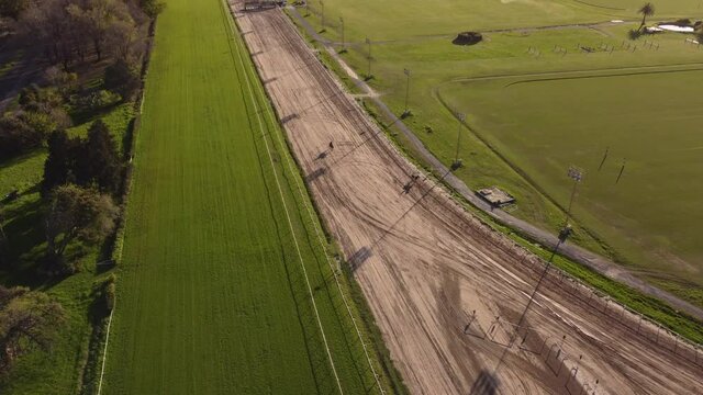 Aerial shot of two race horses walking on sandy racecourse track during training session for race