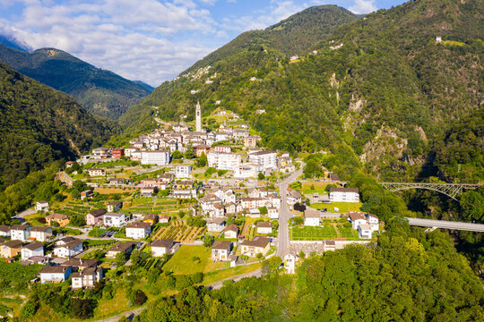 General view of picturesque Intragna village in green Swiss Alps in sunny summer day, canton of Ticino