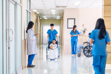 Smiling woman doctor service help support discussing and consulting talk to sick little girl patient and check up information in hospital