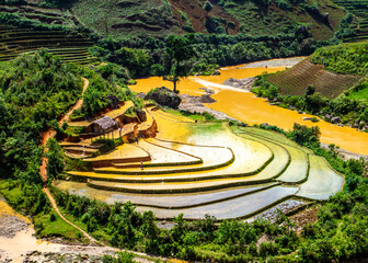 Beauty of rice terraces in watering season in Vietnam.