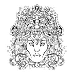 Barong mask with balinese woman tattoo style in black and white
