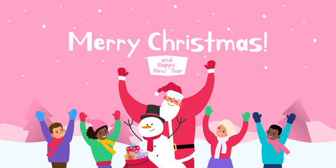 merry christmas santa claus snowman and children vector illustration