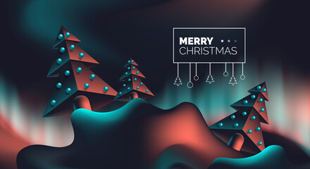 merry christmas creative web banner  design with 3d geometric spruce trees northern light on dark background vector illustration
