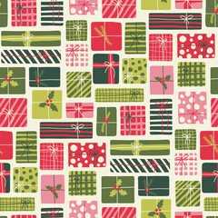 Whimsical Christmas Hand Drawn Gift Boxes Vector Seamless Pattern. Colorful 70s Retro Print. Winter Holiday Festive Background