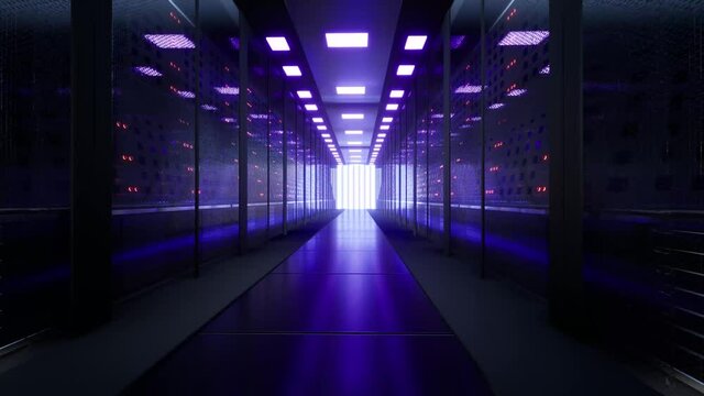 Network And Data Servers Behind Glass Panels In A Server Room Of A Data Center Or Isp, 3d Rendering