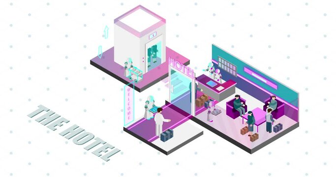 Autonomus hotel with robot workers. The Future world series of isometric animation in detail.