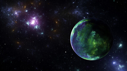 Obraz na płótnie Canvas Planet in galaxy star clusters, colored gas clouds in abstract space. Outer space. Space nebula. 3d render