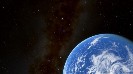 Silhouette of planet earth against background of stars and Milky Way galaxy. Planet earth illuminated by sun, Blue planet earth in space