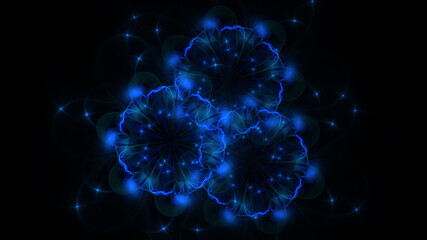 Beautiful abstract 3d colored flower, glowing flower petals on a black background. 3d render