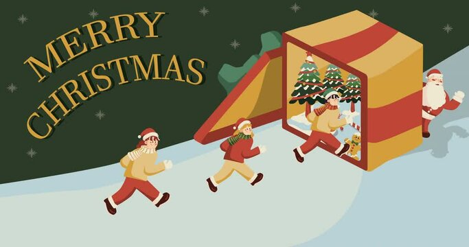 Christmas background cartoon concept. Children runing into present box.