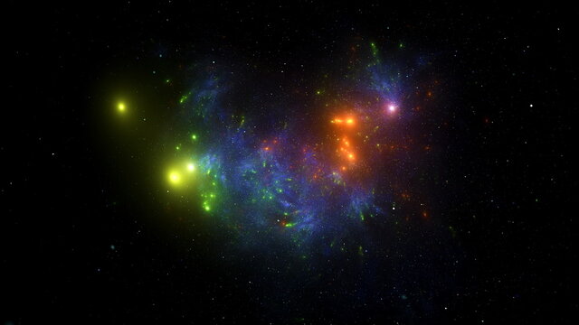 Galaxy stars planets star clusters, colored gas clouds in abstract space. Outer space. Space nebula. 3d render © angel_nt