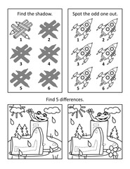 Puzzle page with 3 visual puzzles or picture riddles. Shadow game, odd one out, find differences. Pencils, rockets, gumboots, frog. Black and white. Letter sized.

