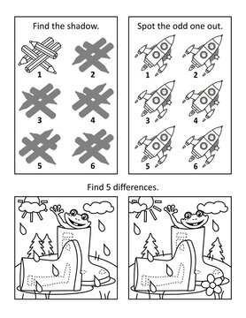 Puzzle page with 3 visual puzzles or picture riddles. Shadow game, odd one out, find differences. Pencils, rockets, gumboots, frog. Black and white. Letter sized.

