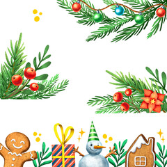 Cute Christmas set. Decorative corners and frames. Mistletoe, berries and poinsettia. Pattern frame. Cartoon style of illustration. Art for invitation cards or chrismas prints.