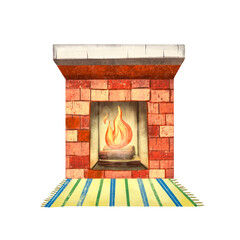 Cute stone fireplace. Cozy home. Warm selebration atmosphere. December evening. Cartoon style of illustration. Traditional decor. Happy New Year. House interior. Room decoration. Christmas card.