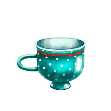 Cute cup illustration. Tradition british teacup. Blue ceramic mug. Turquiose vintage cup. Polka dots ornament. Elegance vintage kitchenware. 