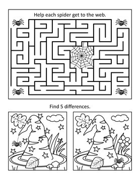 Halloween puzzle page with 2 visual puzzles or picture riddles. Maze, or labyrinth, find differences. Spiders, web, witch's hat. Black and white. Letter sized.
