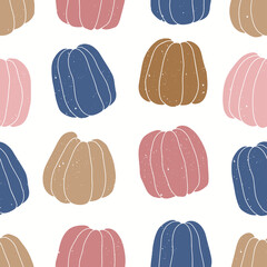 Vector seamless pattern of colorful pumpkins. Fall season decoration background. Harvest festival design. Autumn flat illustration for print, wall art, textile.