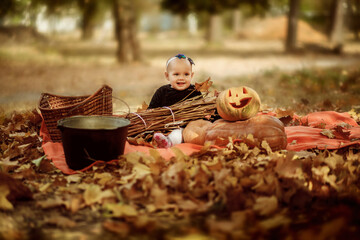 A little beautiful girl in a black dress sits in the forest with a pumpkin, a pot, brushwood and a basket. Halloween. National holidays and traditions. Fairy tale. Funny kids.