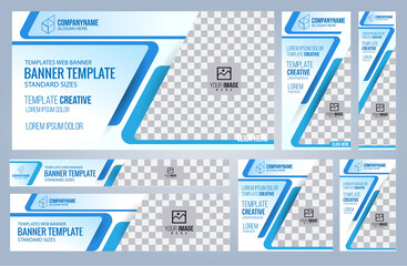Set of Blue Web banners templates, Standard sizes with space. Vector illustration