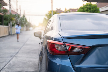 close up car on street automotive roadtrip on sunset background for transport, travel of nature to vehicle auto landscape light the sun for travel journey trip summer and lifestyle