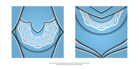 The postcard is light blue with a luxurious white pattern and is prepared for typography.