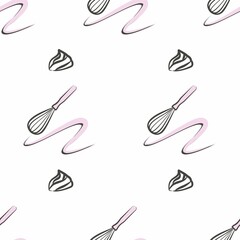 Vector seamless background with pastry chef tools. Whisk pattern. Background for pastry chefs. Design element for printing on paper, fabric, packaging.